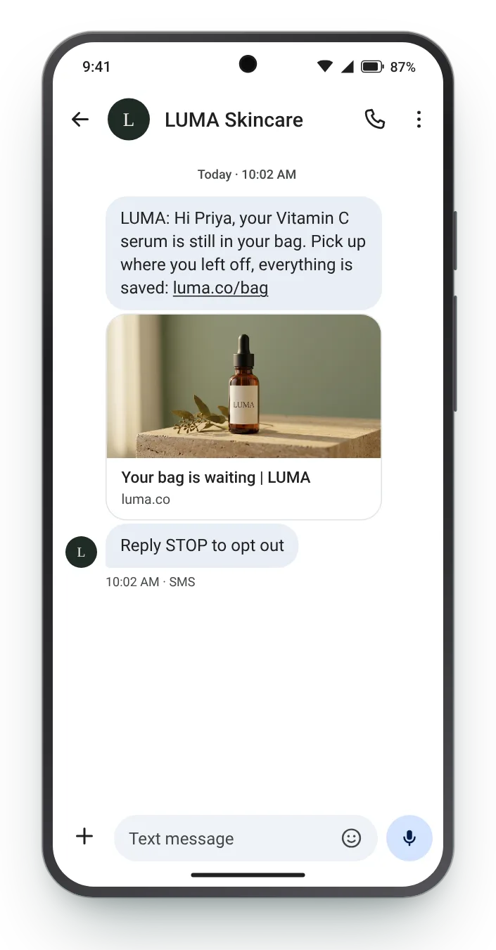 The one-hour nudge abandoned cart SMS on an Android phone