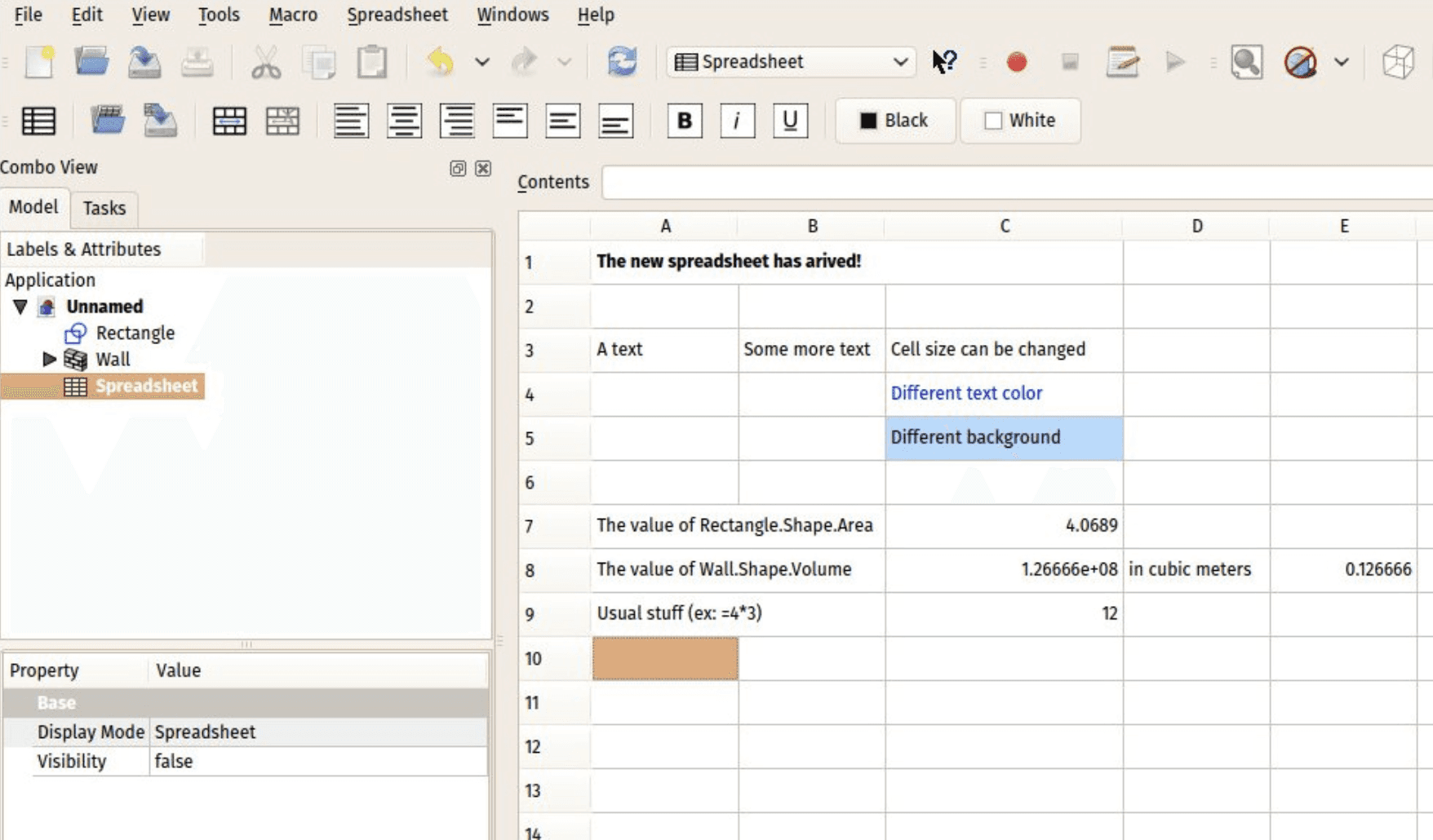 FreeCAD Spreadsheet Workbench displaying editable cells, calculated quantities, and values with units.