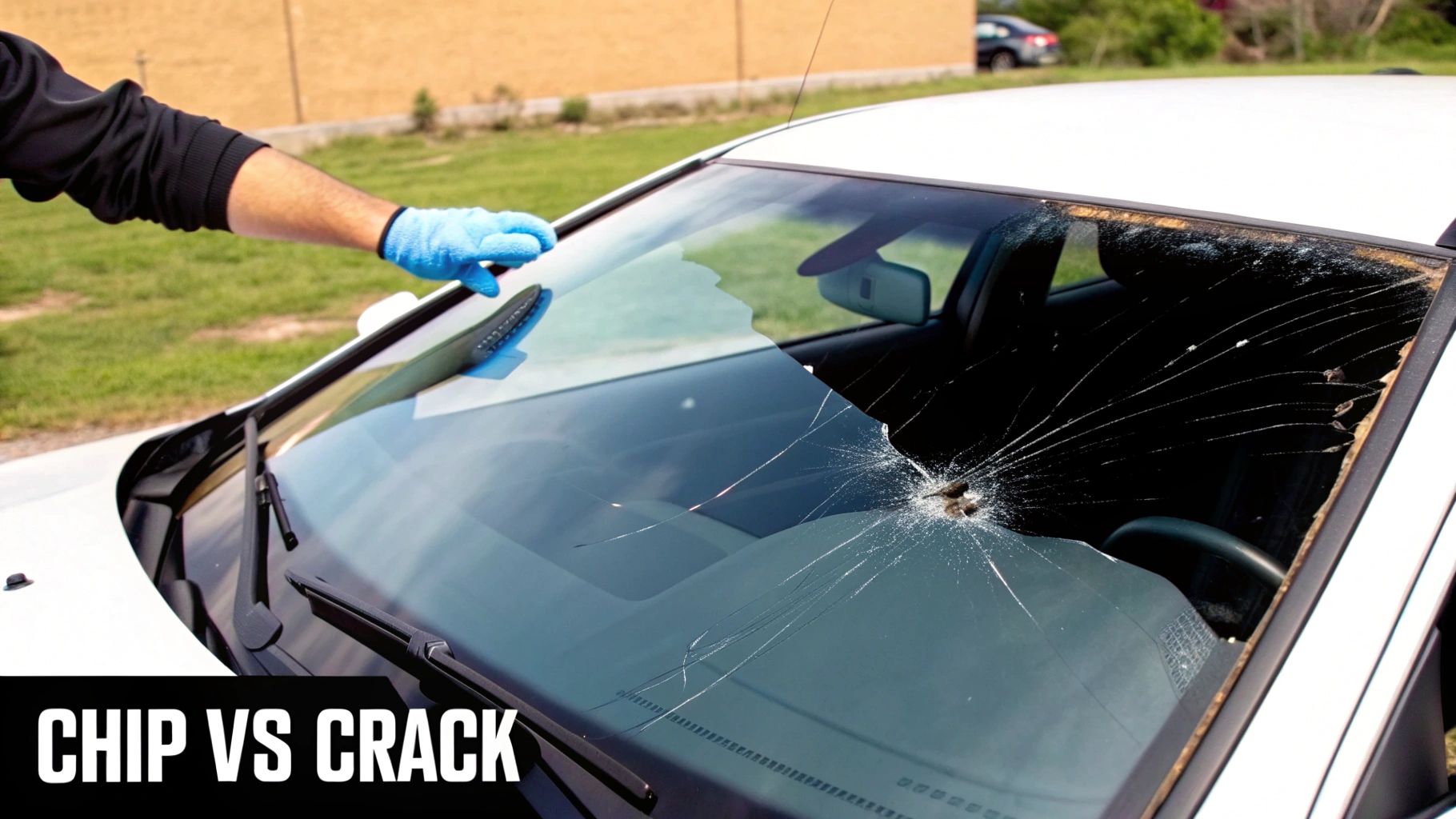 Illustration showing different types of windshield damage like chips, cracks, and star breaks.