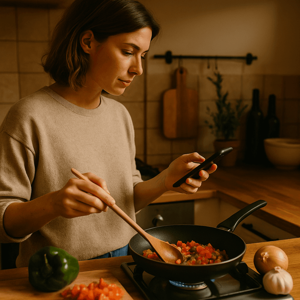 Woman cooking while using her smartphone in a cozy kitchen.