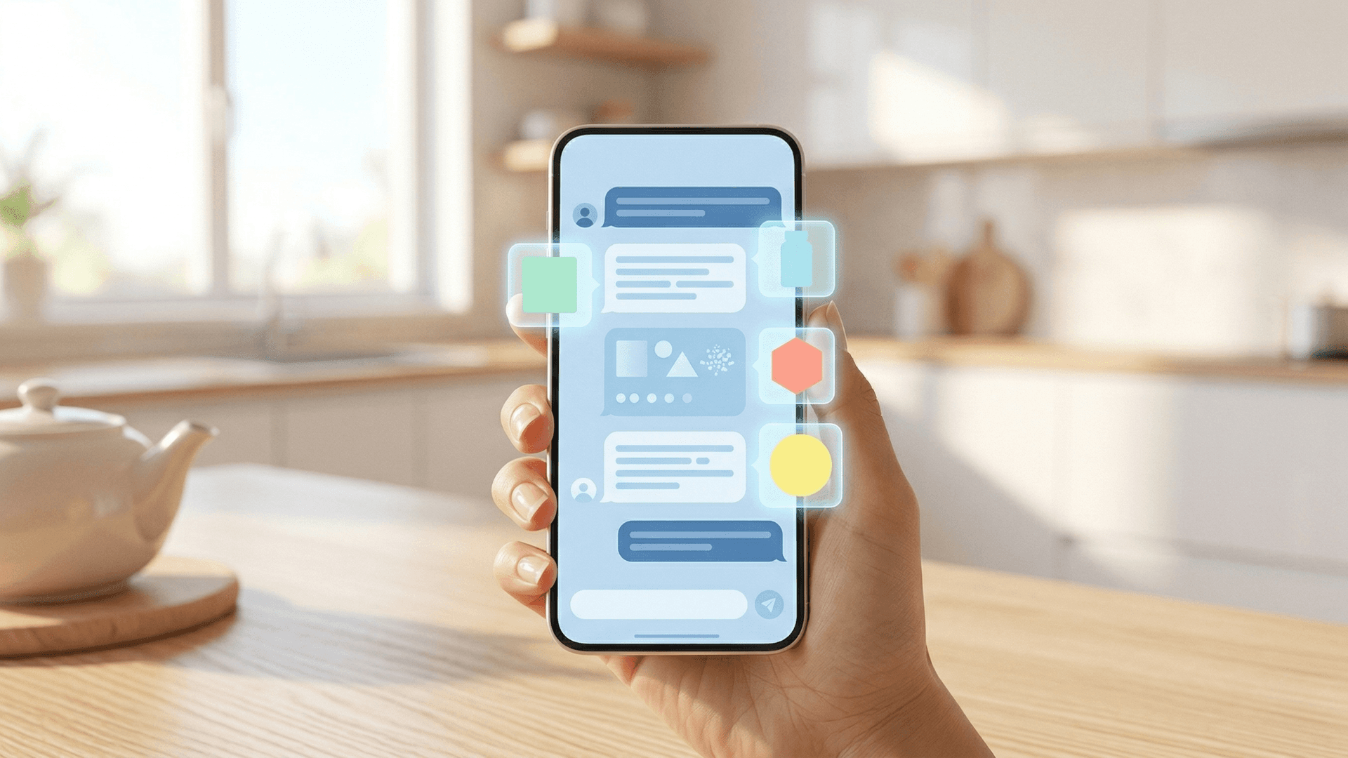 スマートフォン上の対話型AIチャット画面でサプリメントについて相談する様子を一人称視点で捉えたエディトリアルイメージ