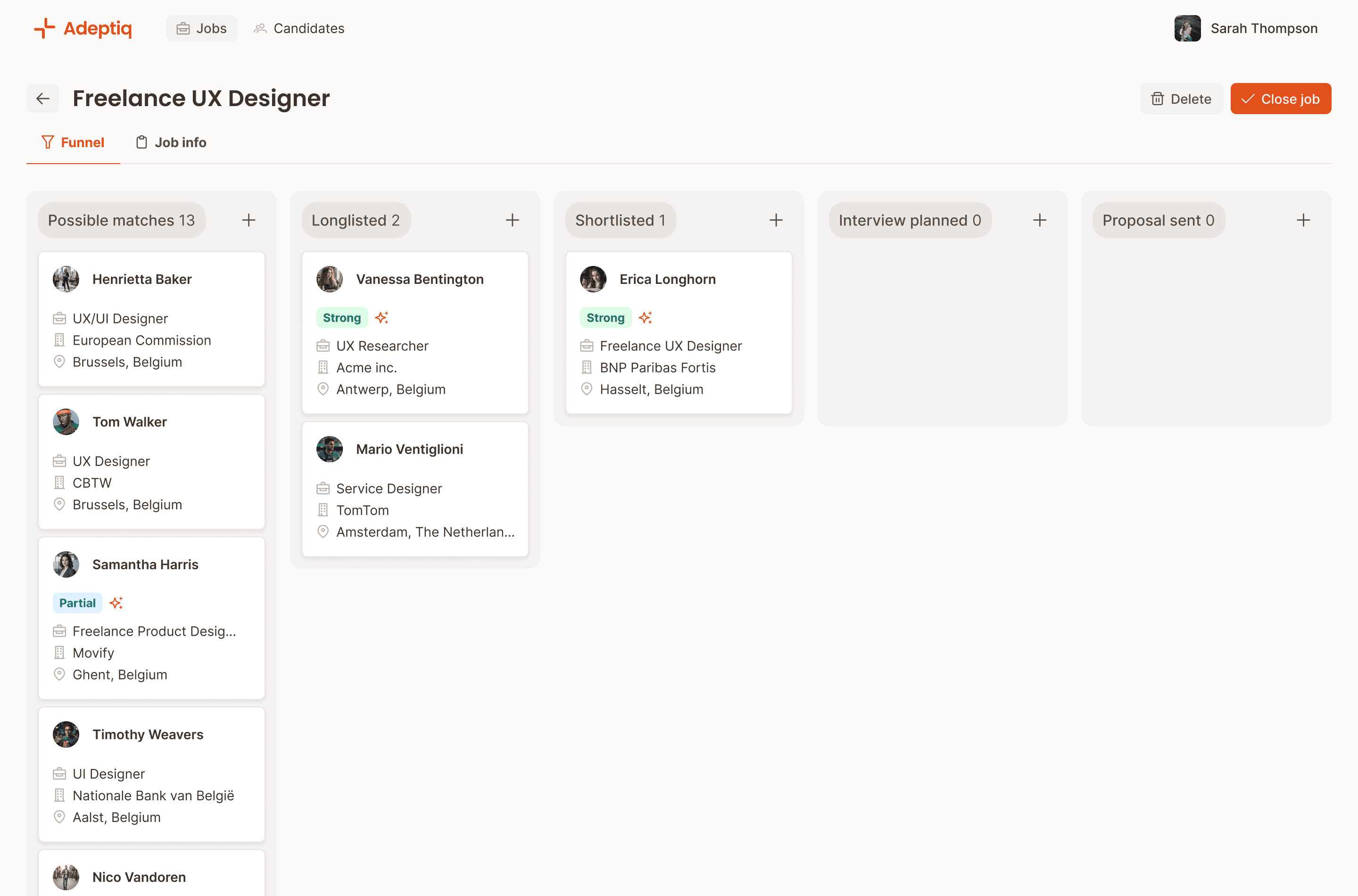 A screenshot of the Job funnel page in Adeptiq