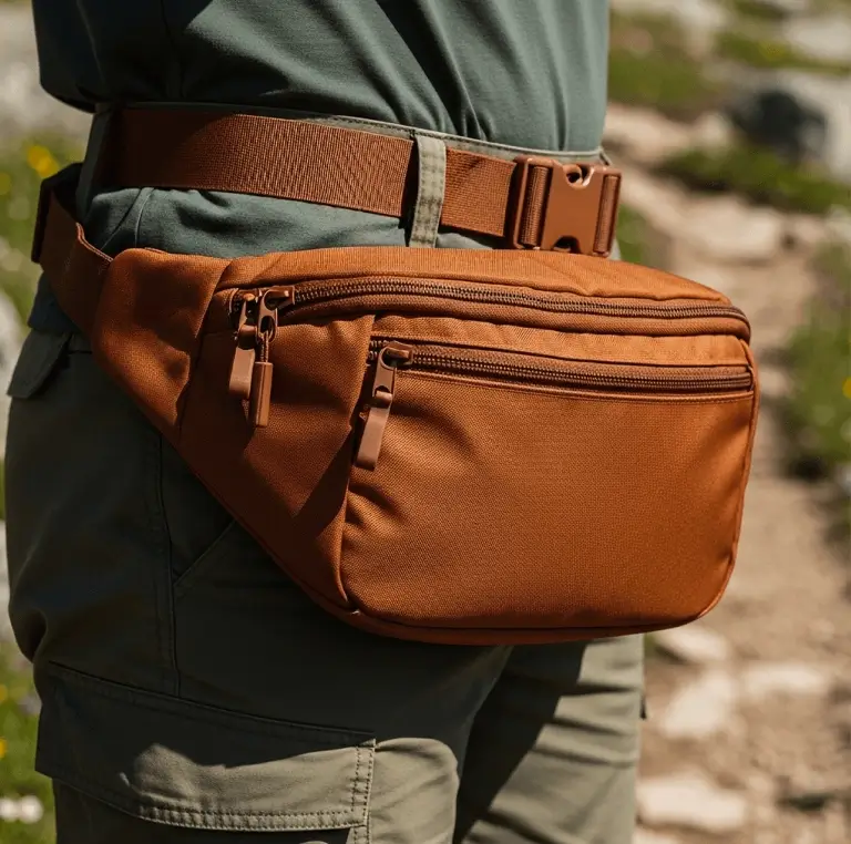 Rust-orange FeLuxe sling worn at the waist on a mountain trail