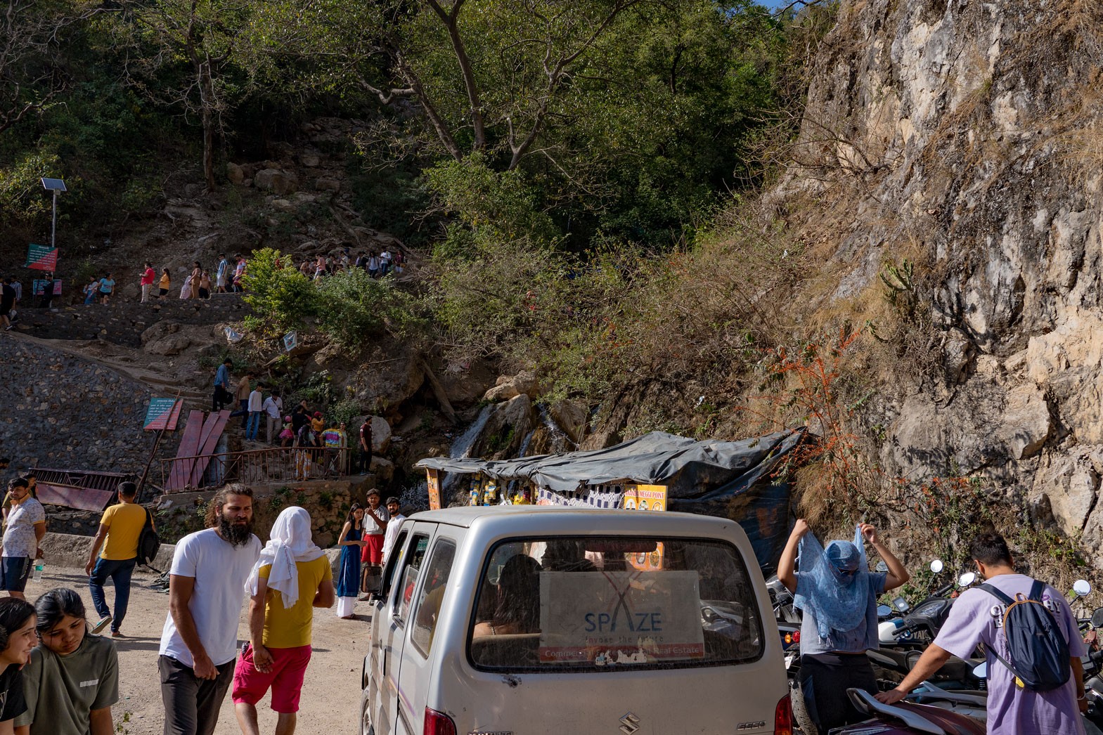 View of the entrance of the Neer Waterfall in Rishikesh, India