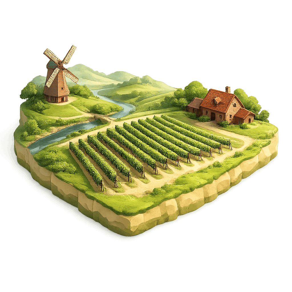 Artistic illustration of the Heuvelland wine region.