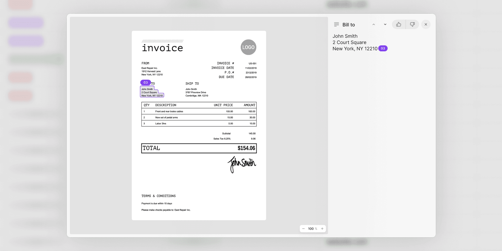 AI citation for infomation extracted from an invoice