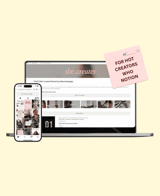 That Girl Content Planner showing a Notion content strategy workspace on desktop and mobile screens.