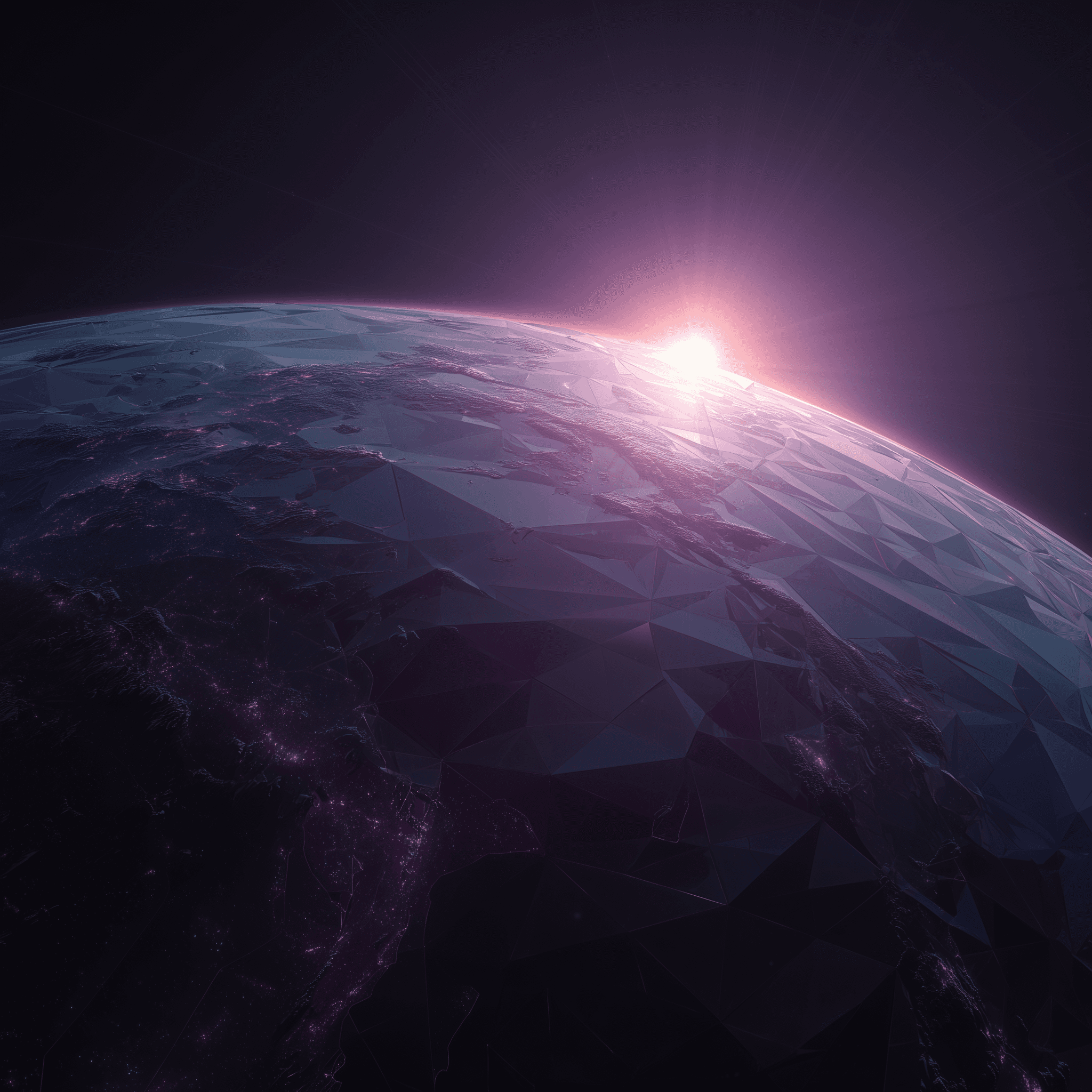 Abstract view of a stylized Earth at sunrise, rendered with geometric facets and glowing digital textures.
