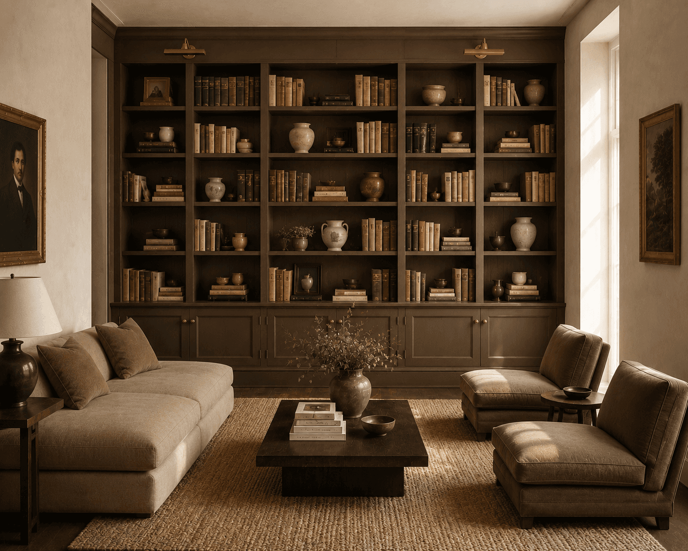 A symmetrical, eye-level shot of an elegant home library with a massive, dark brown built-in floor-to-ceiling bookshelf filled with antique leather books and decorative ceramic vases. In the foreground, a cozy seating area is arranged on a large woven jute rug, featuring a taupe fabric sofa with velvet pillows on the left and two matching armless lounge chairs on the right. A low, square dark wood coffee table sits in the center holding books and a rustic vase with leafy green stems, illuminated by natural light from a window on the right.