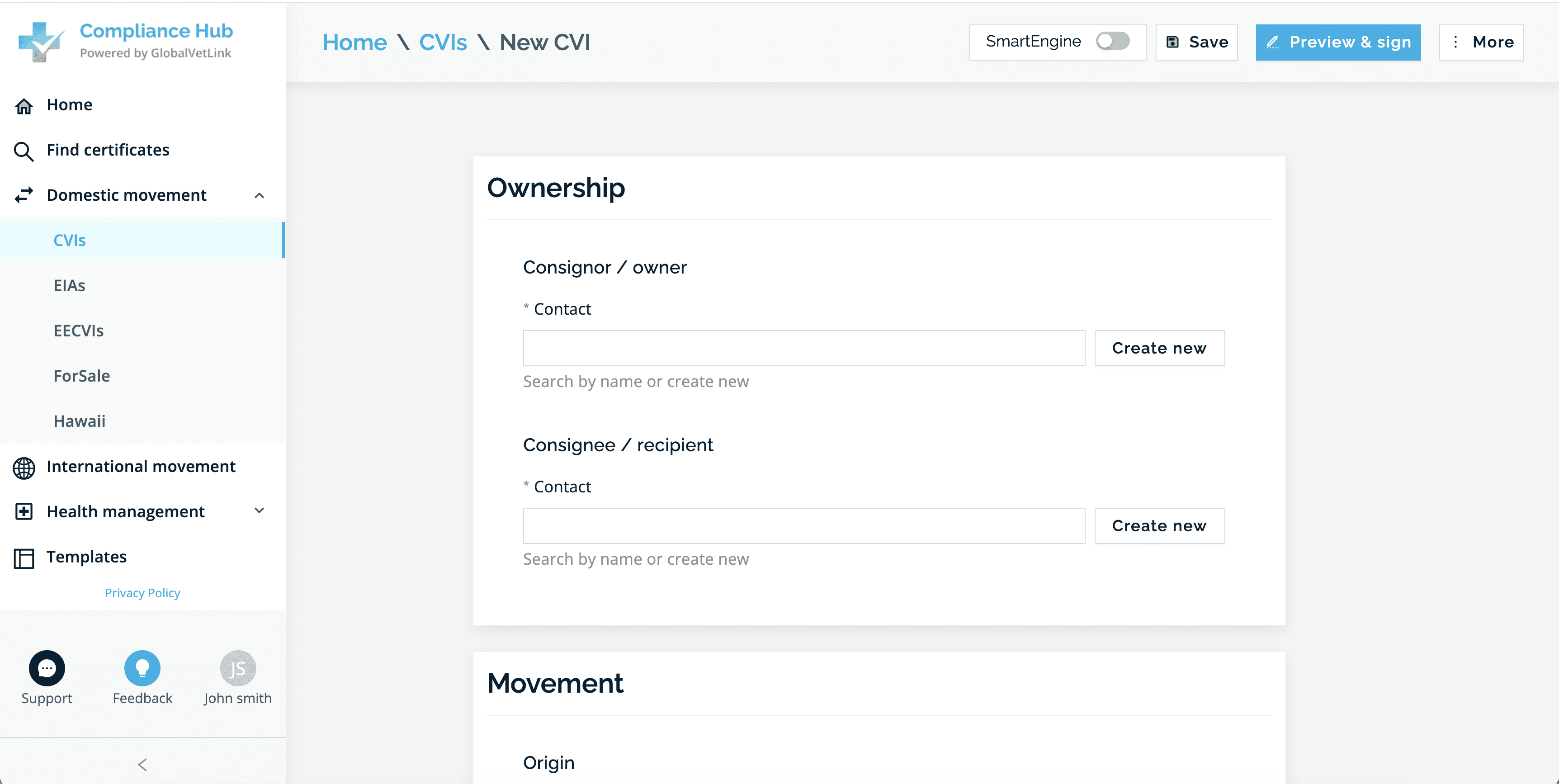 Compliance Hub platform interface showing animal health certificate management