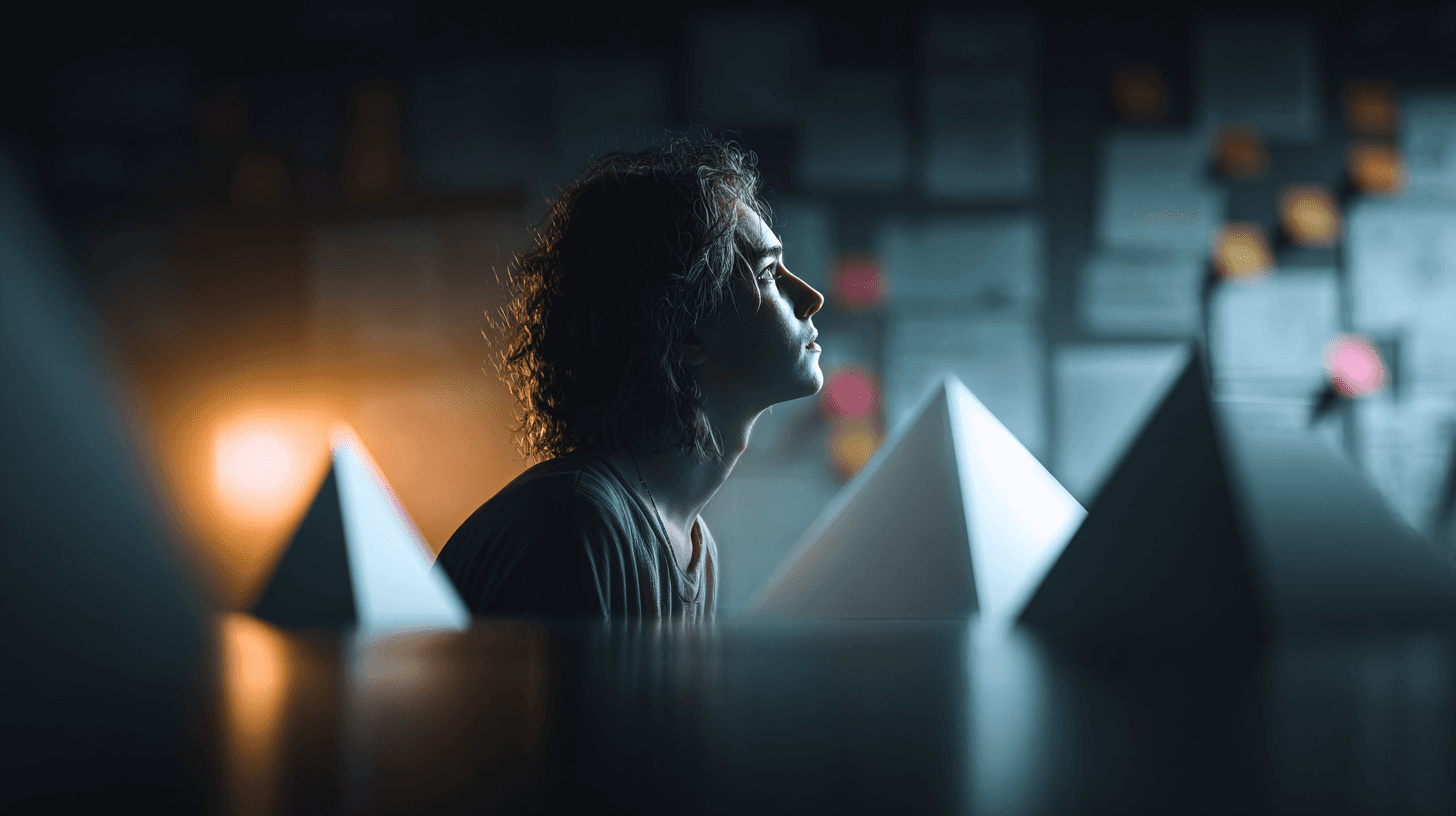 a designer staring at multiple conflicting design drafts on screens, visual clutter vs confusion, sticky notes everywhere, chaotic creative process, muted tones with a single accent color