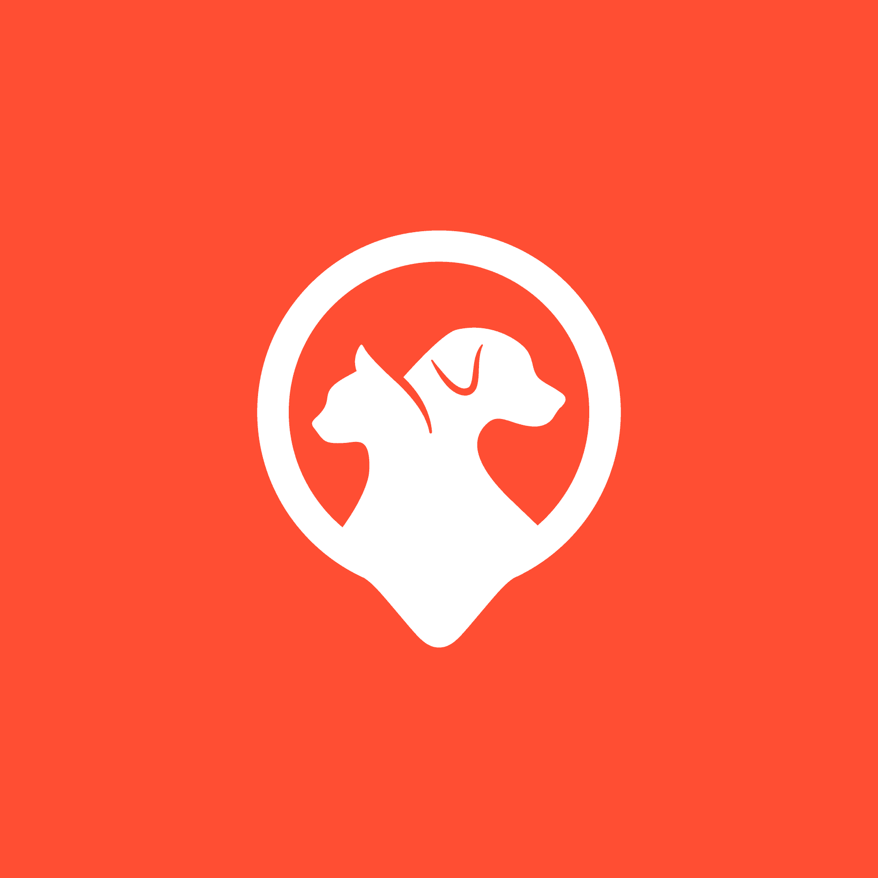 PetLink symbol combining a dog and cat into a GPS icon on a red background