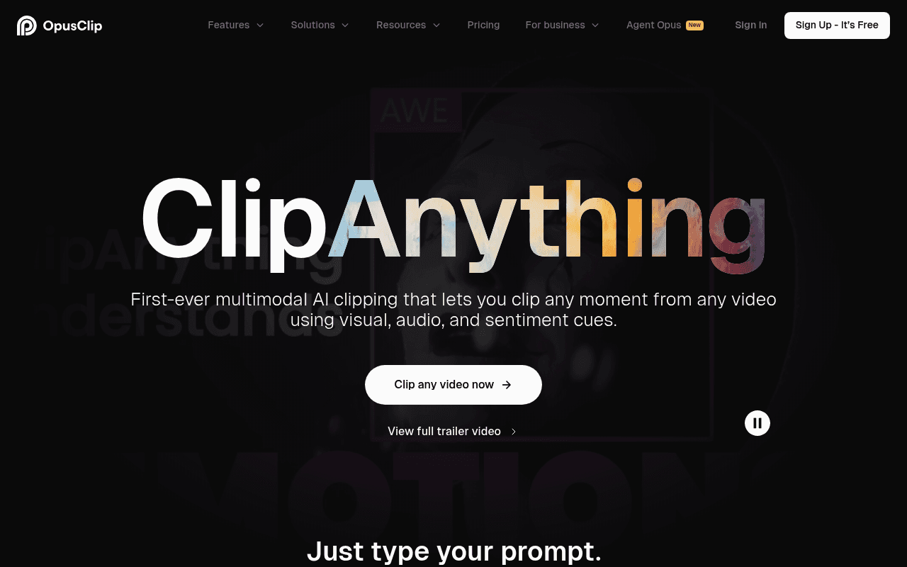 OpusClip ClipAnything feature page showing prompt-based AI video clipping