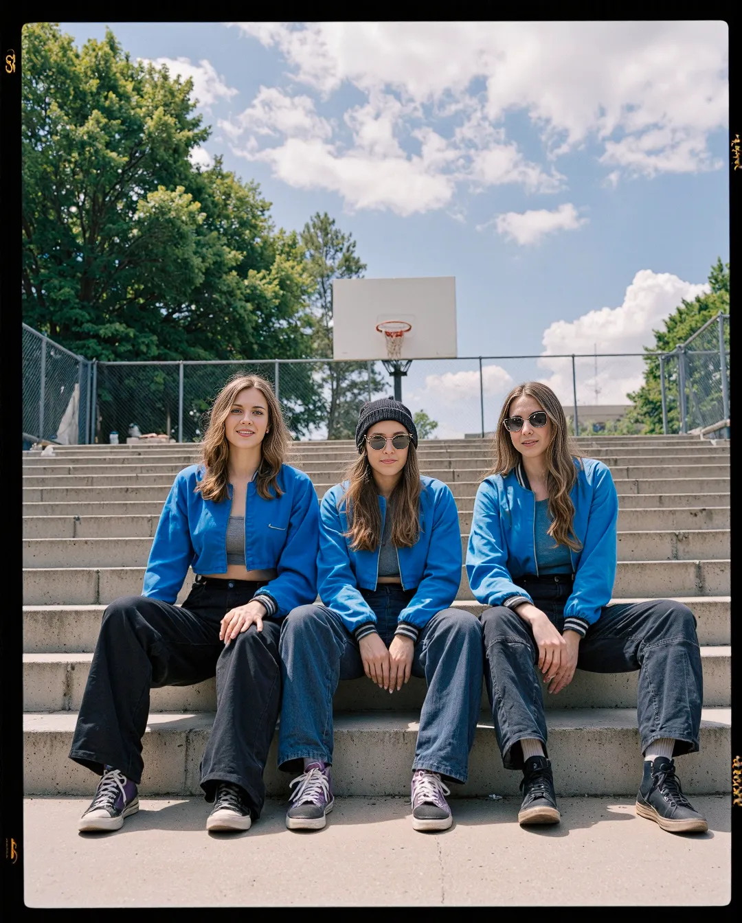 Three people in matching blue bomber jackets sitting on concrete steps with a basketball court in the background on a sunny day