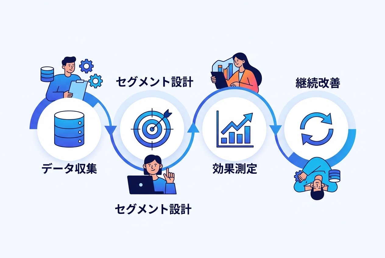 カスタムオーディエンス最適化の継続プロセス。データ収集→セグメント設計→効果測定→継続改善のサイクルを月1回実施することで、配信精度を段階的に向上させる。多くの企業では3ヶ月で安定した成果を実現している。