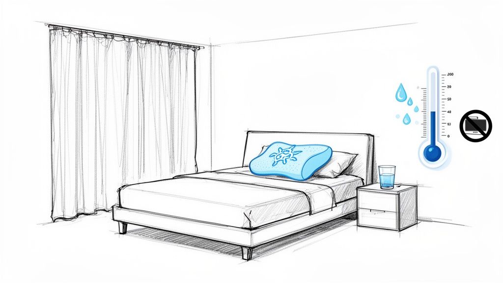 Sketch of a bedroom with a cooling pillow, glass of water, showing optimal temperature and no screens for sleep.