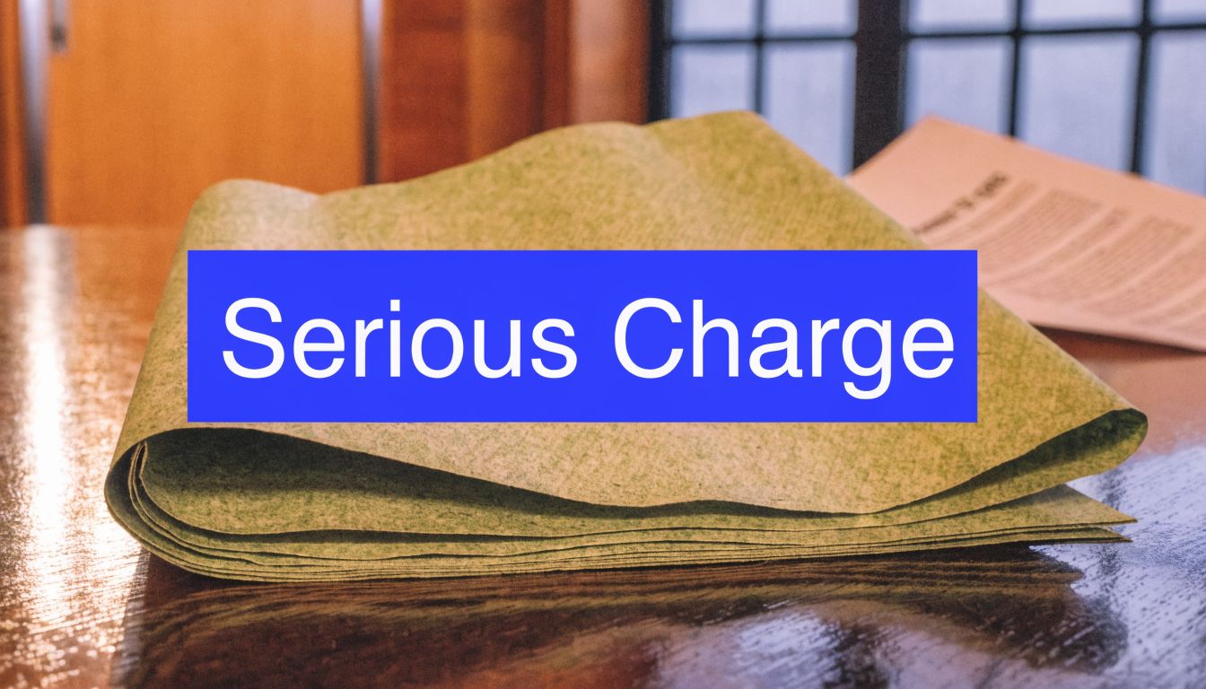 A stack of legal papers on a wooden table, featuring a bold blue overlay that reads Serious Charge.