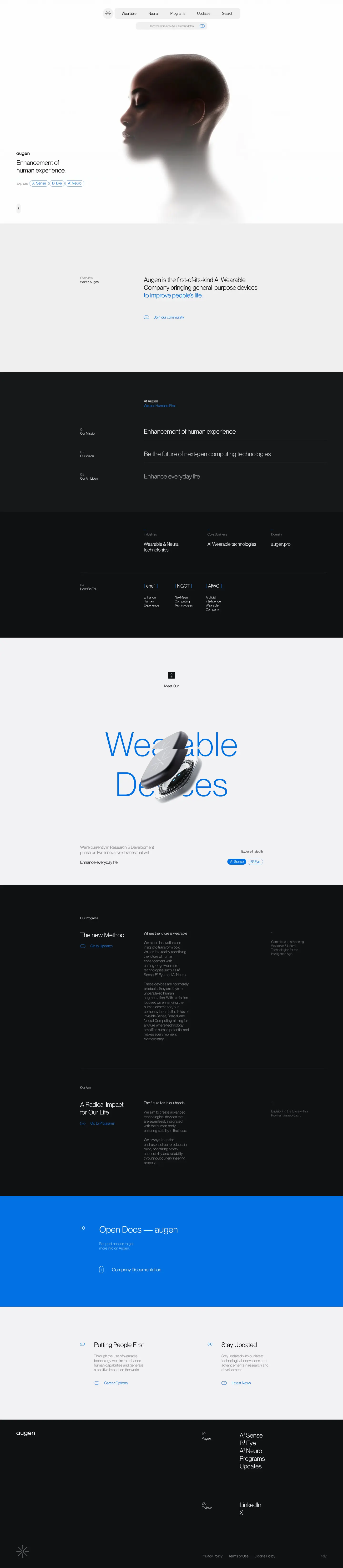 Augen landing page screenshot showcasing Design and Tech design