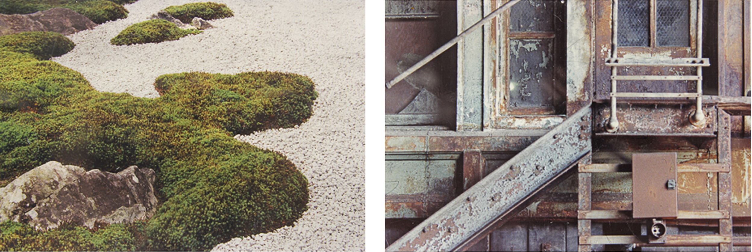 Diptych featuring two photographs: on the left, a tranquil Japanese rock garden with patches of moss and stones arranged in raked gravel; on the right, a close-up of a rusted industrial staircase and weathered wall. The pairing contrasts organic stillness with the geometry of decay.