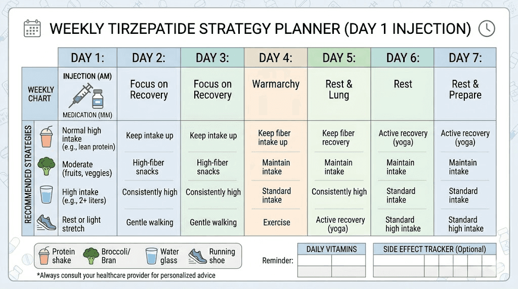 Weekly management strategy chart for tirzepatide end-of-week appetite return