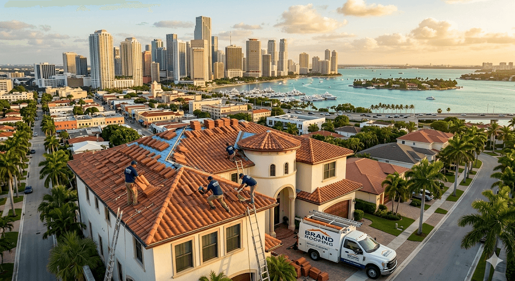 Roofing contractor Miami FL — flat roof replacement on commercial building in Brickell area by Roofing Network licensed contractor
