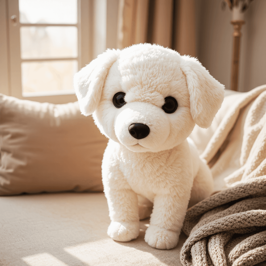 product photography of a plush toy resembling a small dog