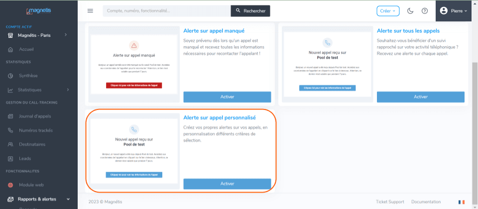 Configuration alerte personnalisée