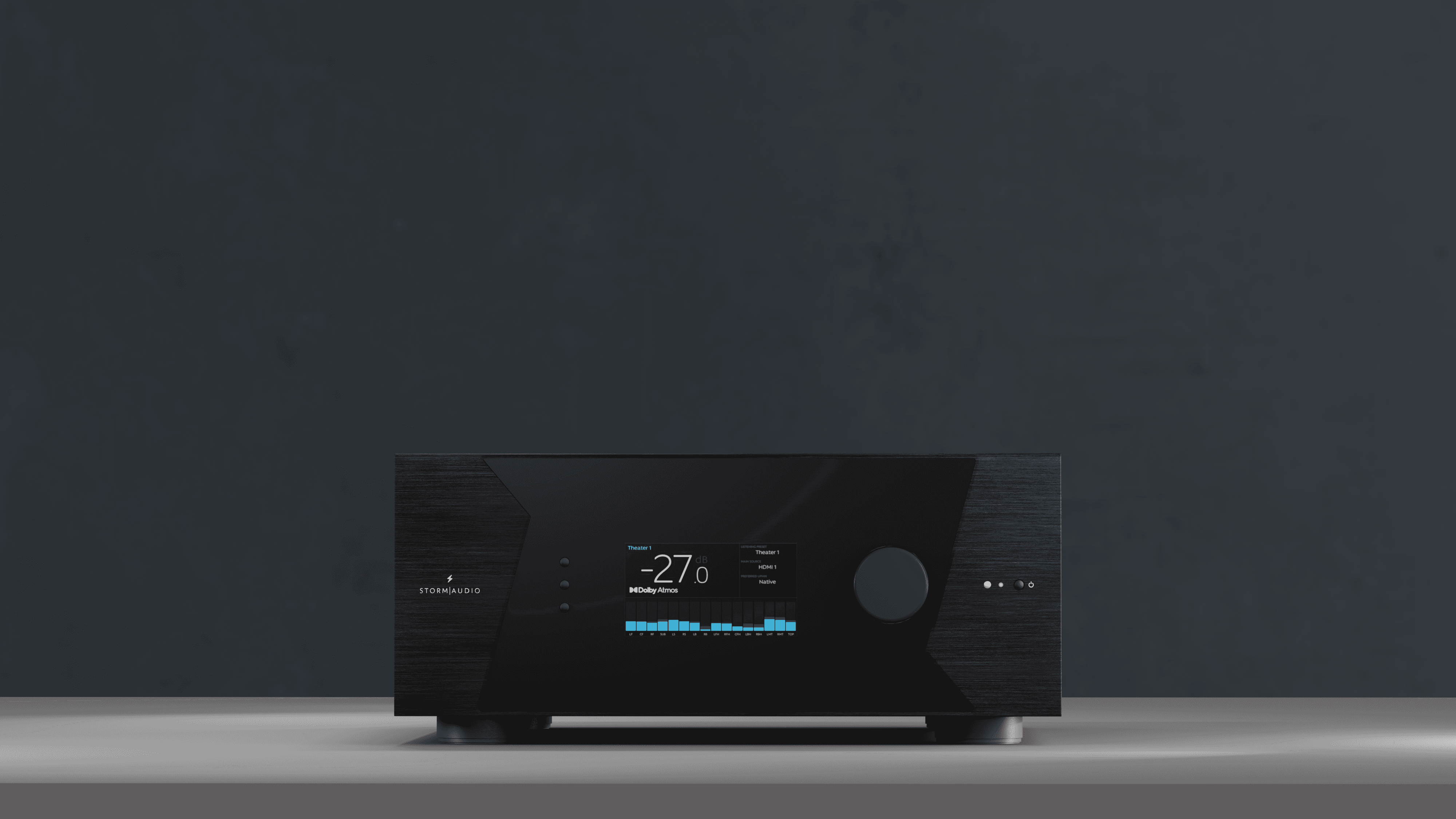 StormAudio AV processor with Dolby Atmos display.