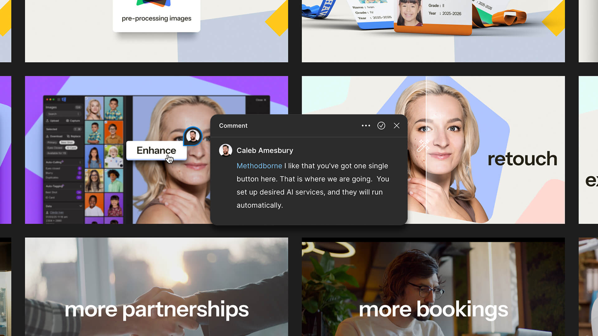 Styleframes and active Figma collaboration on the Captura videos, showing client feedback on the AI Enhance feature alongside production-ready frames for retouch, partnerships, and bookings sequences.