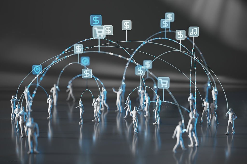 Miniature figures connected by glowing blue arcs to digital commerce icons, illustrating networked consumer behavior and online purchasing decisions.
