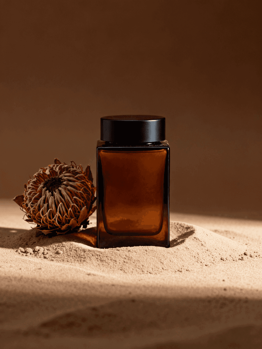 A rectangular amber glass bottle with a black cap is partially buried in smooth, beige sand next to a dried protea flower, set against a warm, earthy brown background.