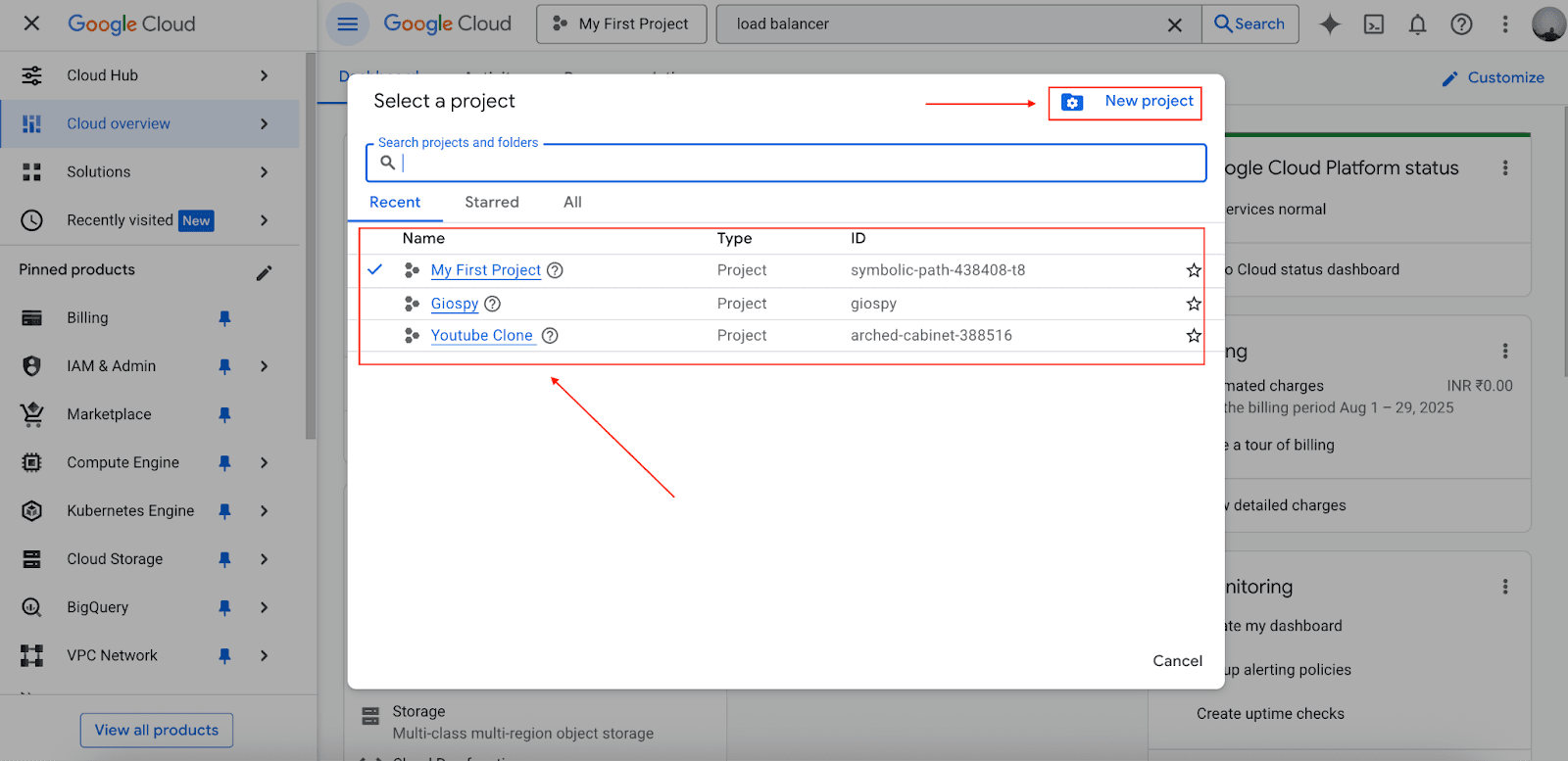 Google Cloud Console project selection screen for configuring a load balancer