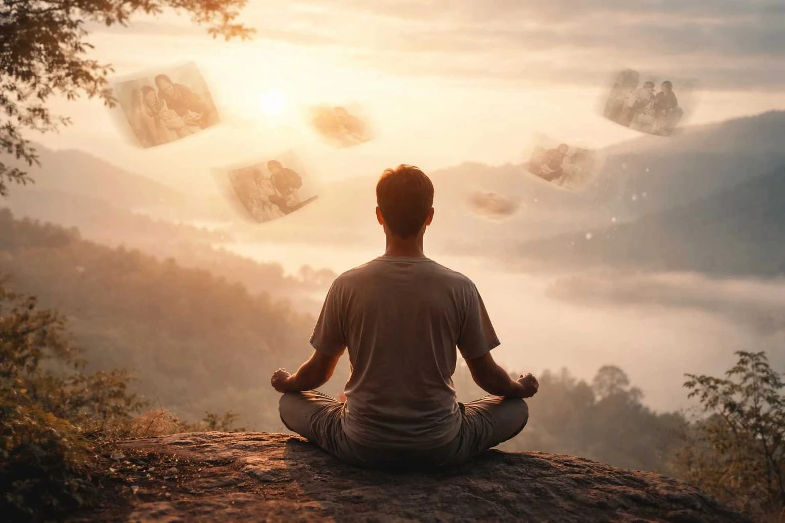 Man meditating on a cliff at sunrise with faded memories floating in the sky, symbolizing reflection and mental stillness.