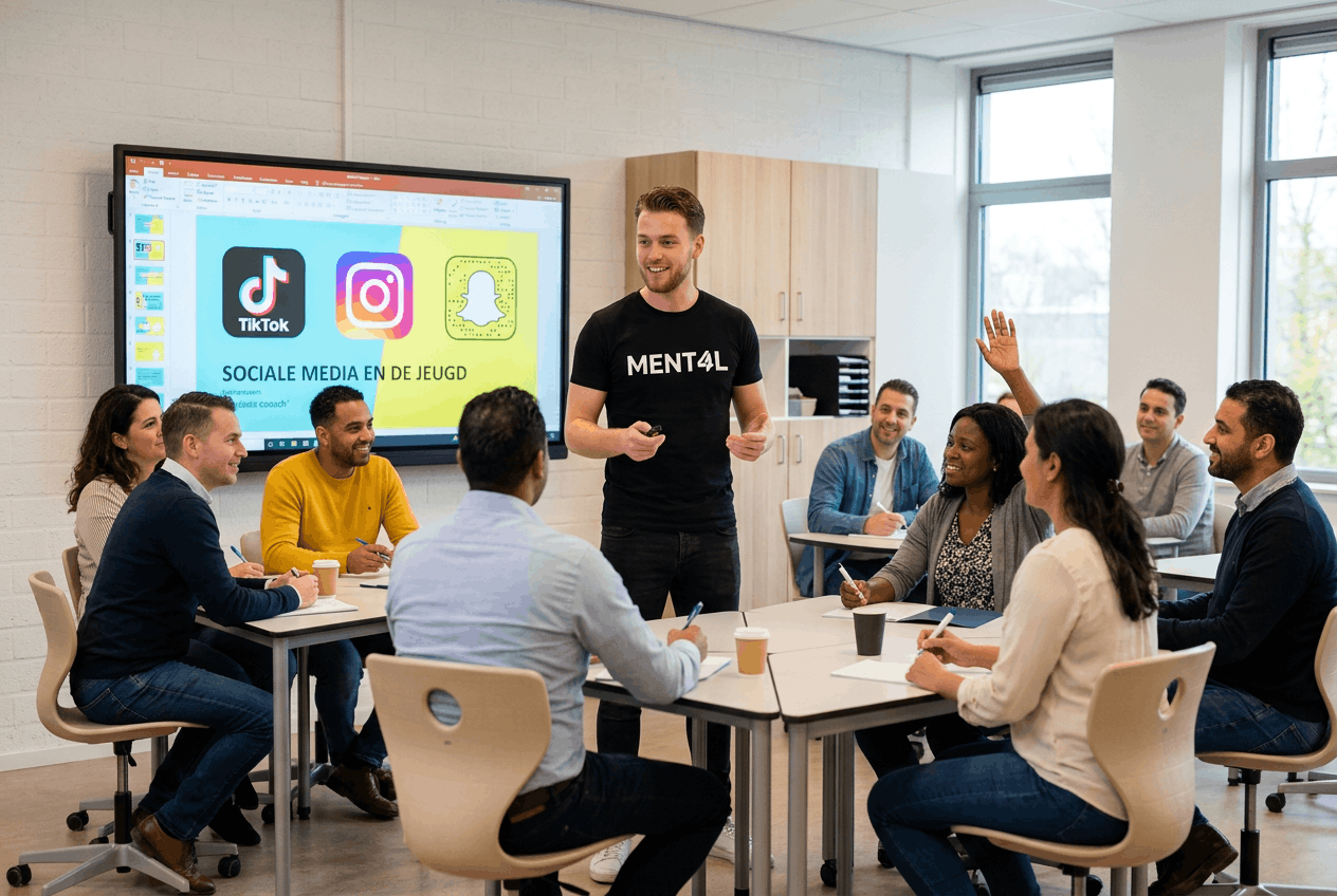 Jeugdcoach geeft workshop aan jongeren over sociale media en digitale trends