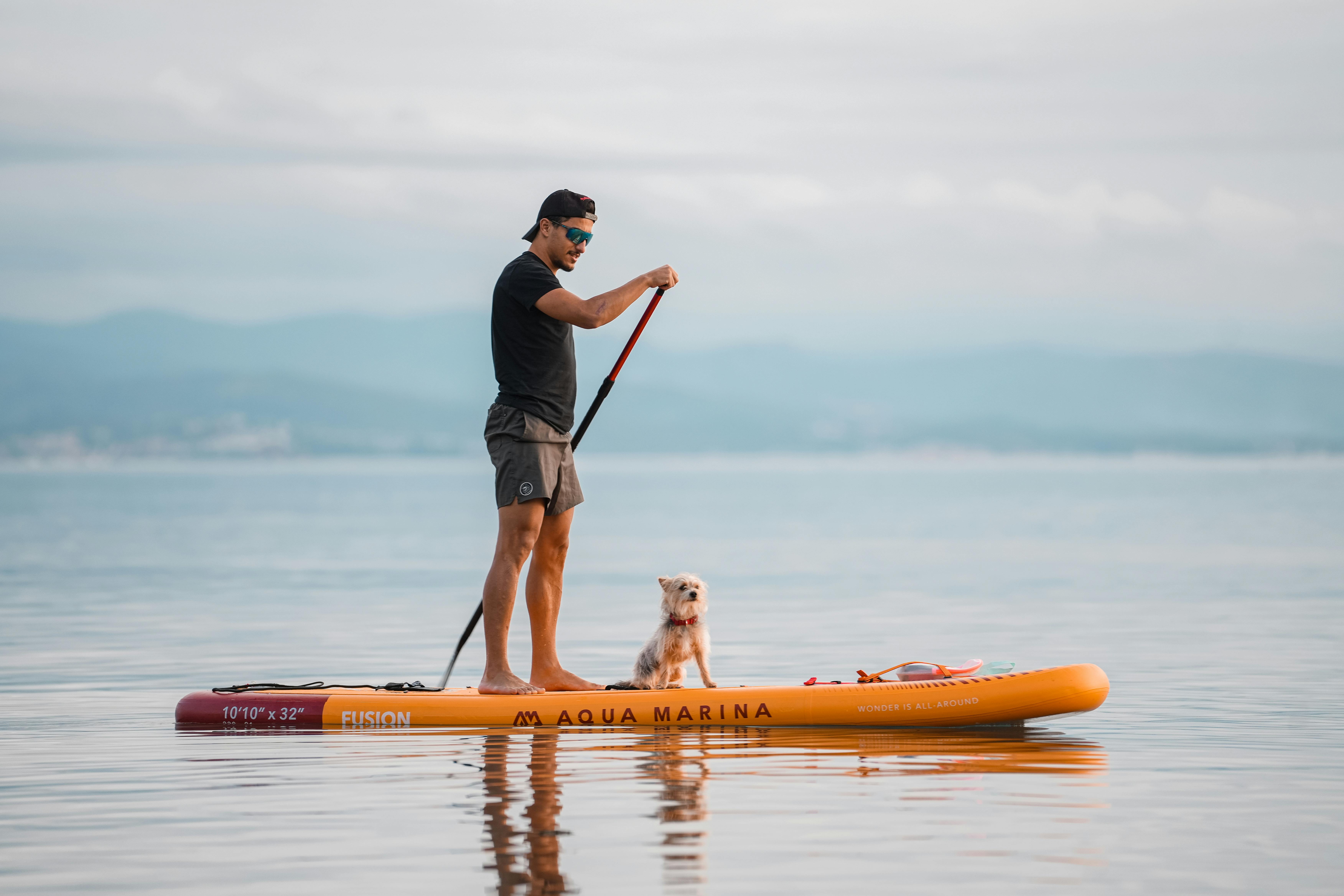 A man is paddleboarding with a dog aboard.