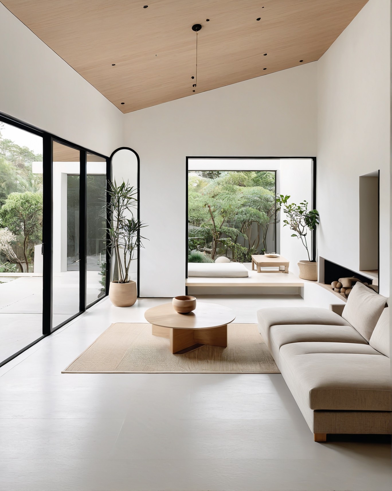 Modern quirky home interior with white curved furniture, floor-to-ceiling windows, and minimal playful decor.
