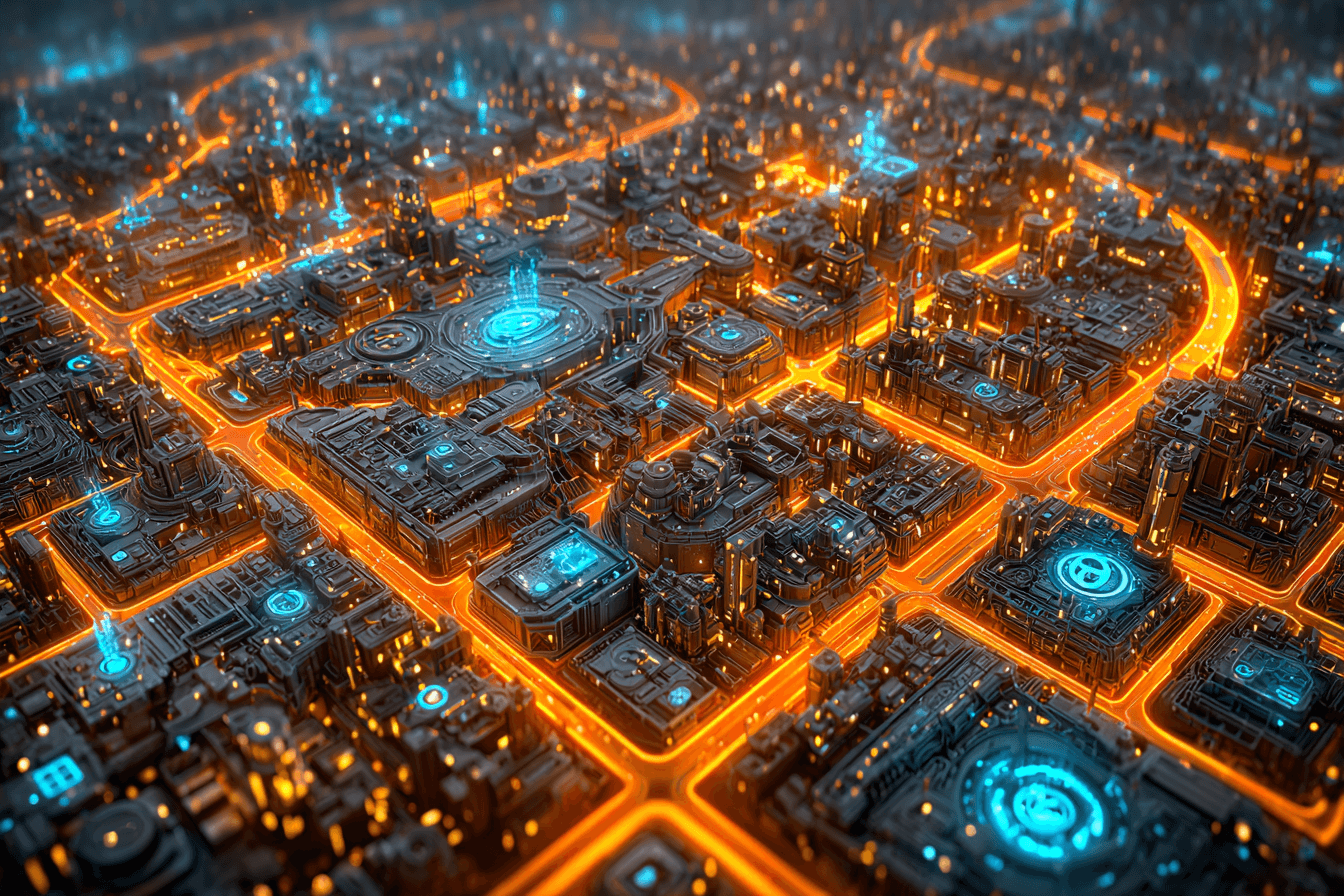 Epic cinematic visualization of the AI global operating layer showing glowing data centers, neural networks and autonomous agents in a futuristic infrastructure landscape
