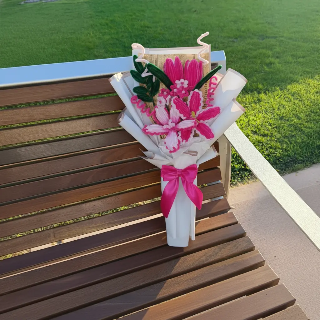 ramo lirios rosado recostado en una banca