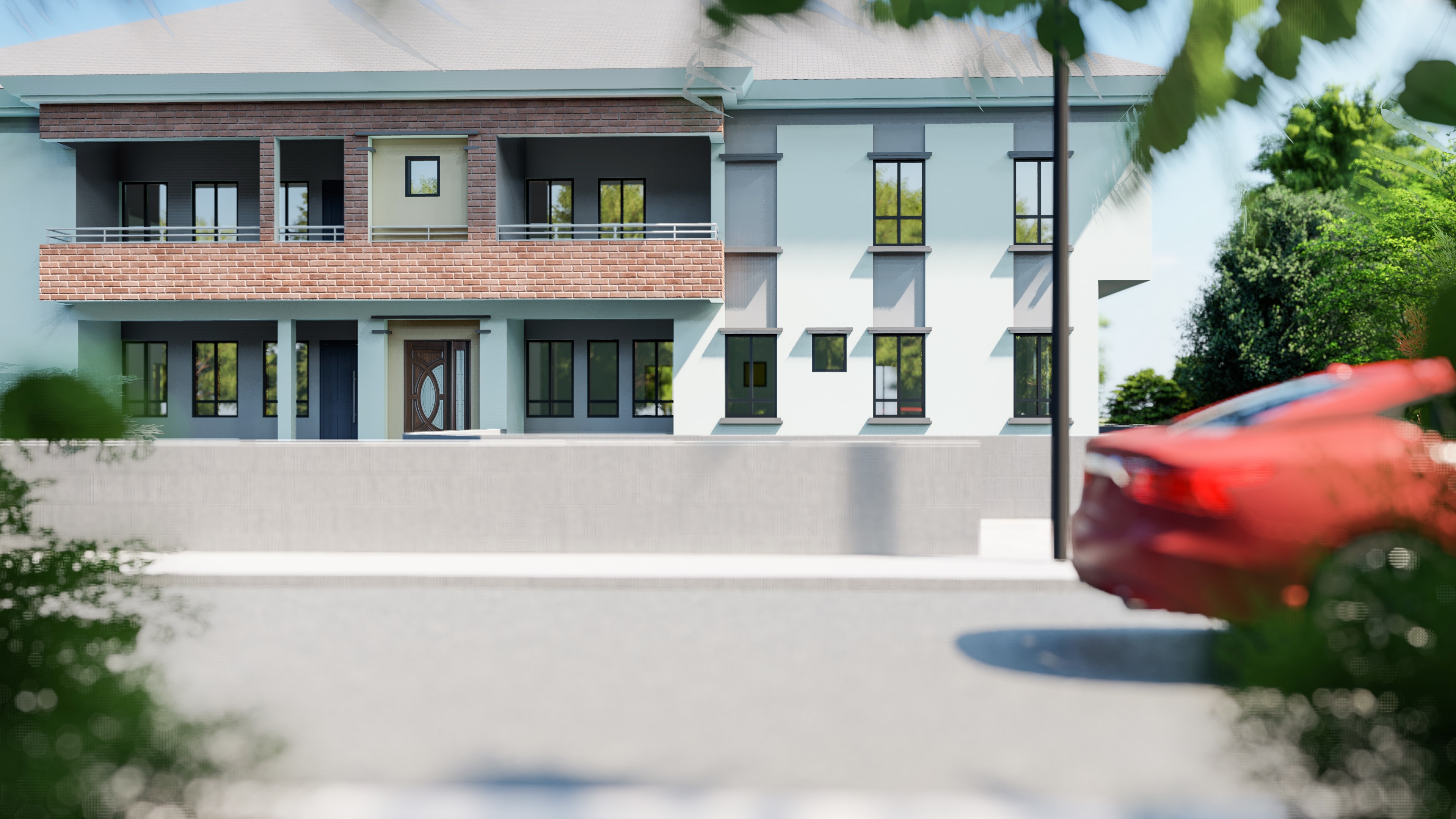 Lumion render of a modern residential facade with blurred landscaping and a red car in the foreground