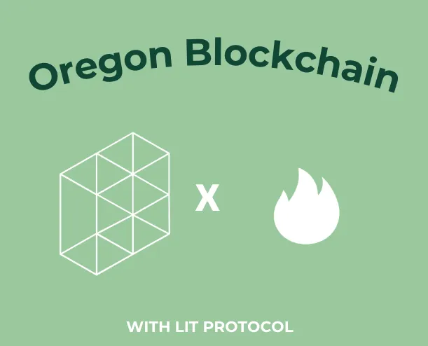 Oregon Blockchain Green text with light green background. Oregon Blockchain Group Logo x Lit Protcol logo