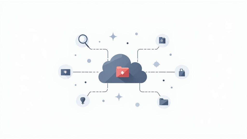 Illustration of a cloud data storage network with a central folder, connected to icons for search, documents, and security.