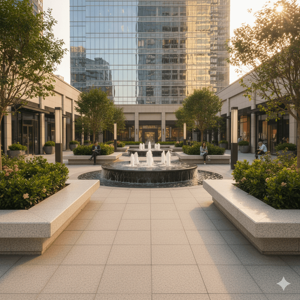 Architectural outdoor courtyard with water fountains and greenery in Sector 111 commercial plaza
