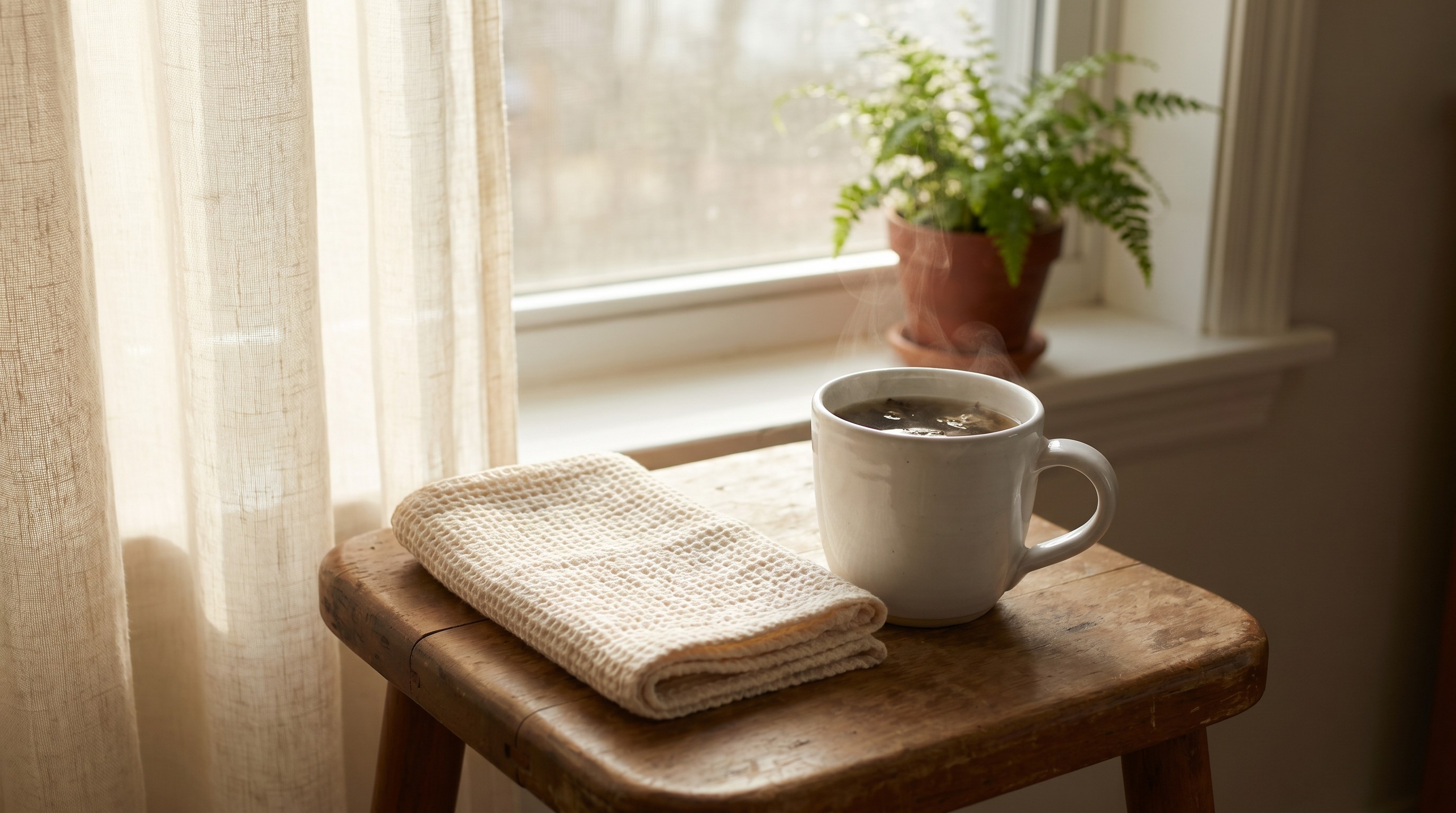 Warm mug of tea and folded cloth on a wood table in soft morning light