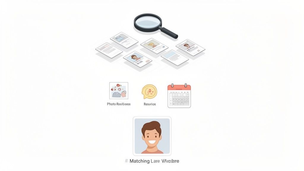 A magnifying glass searches through various profile cards and documents, with icons for photos, reunions, and a calendar, highlighting a matching process.