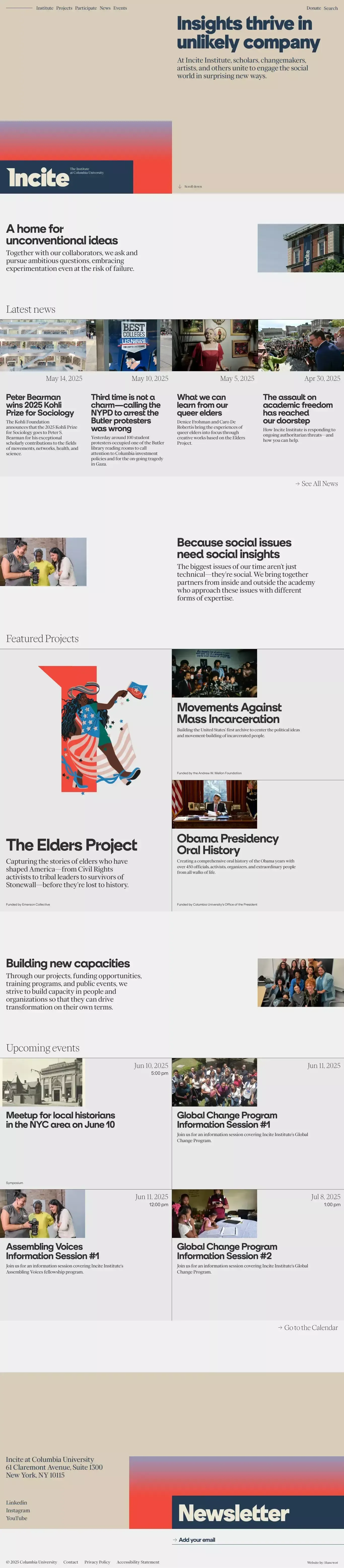 Incite at Columbia University landing page screenshot showcasing Education and Local Business design