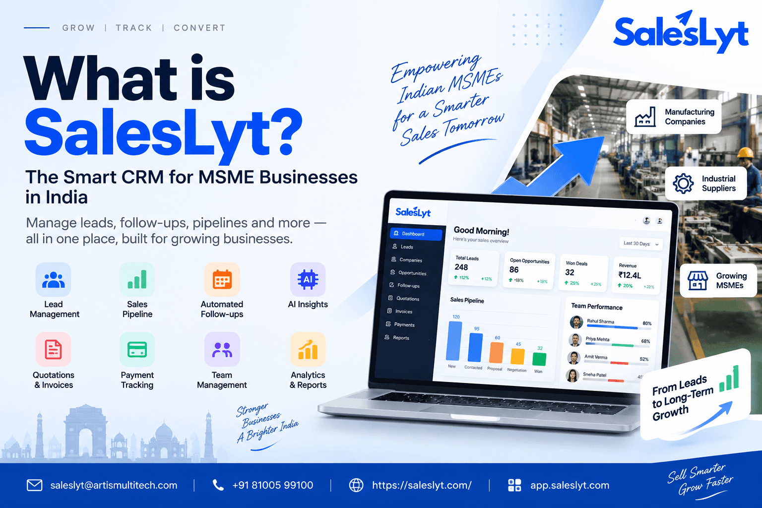 SalesLyt CRM software for MSME businesses in India for managing leads, follow-ups, sales pipelines and B2B sales teams