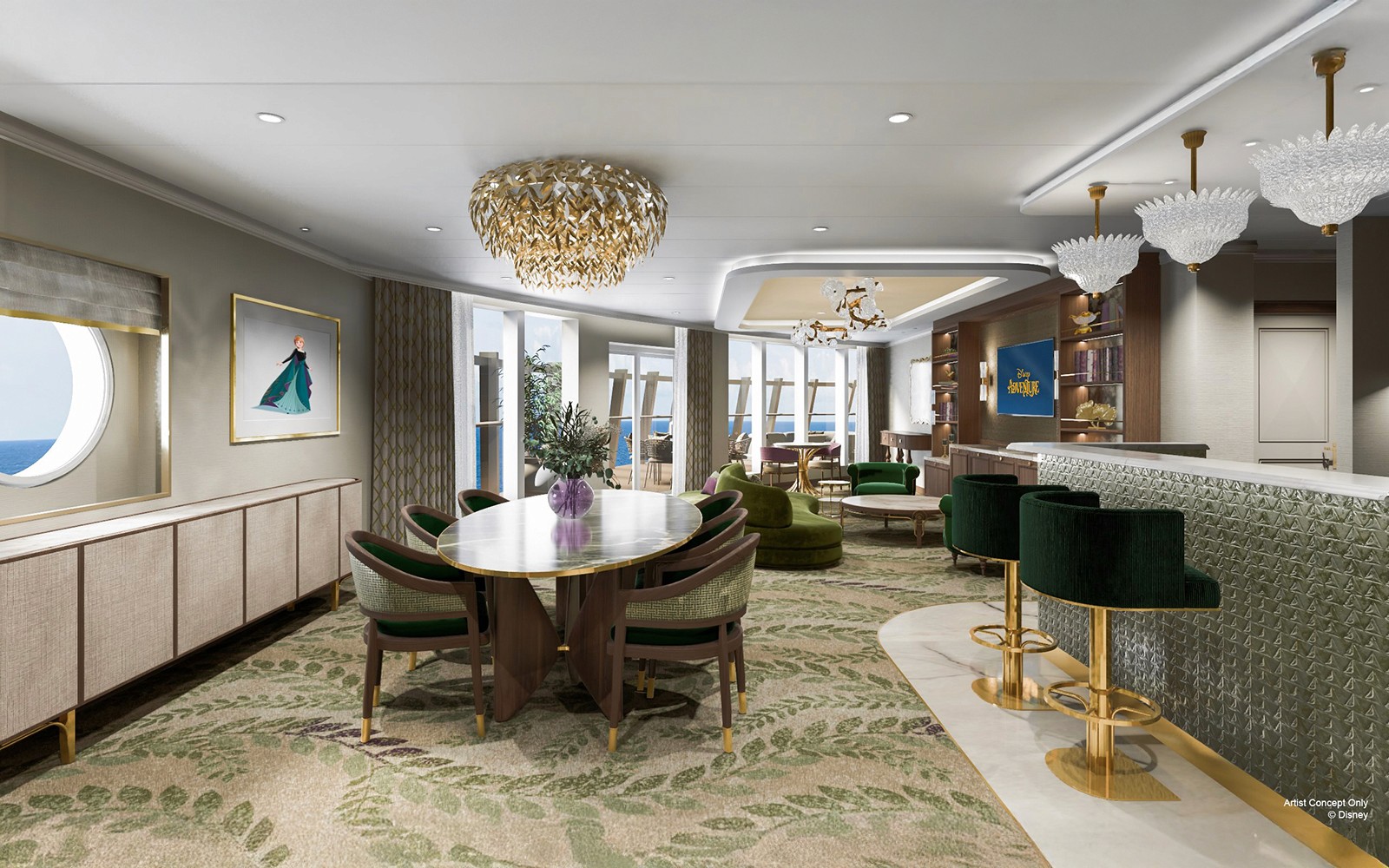 迪士尼冒险邮轮上的礼宾皇家套房，配备海景阳台，豪华客舱设施一应俱全。