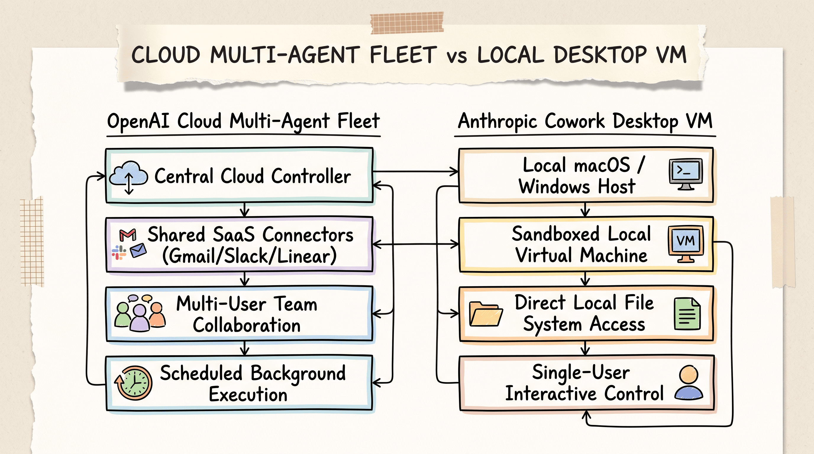 Scrapbook diagram comparing centralized cloud agent fleets with local desktop virtual machine sandboxes