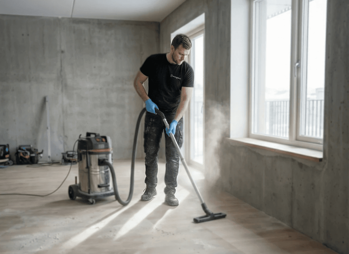 Iðnaðarþrif á gólfi með gólfþvottavél eftir framkvæmdir.