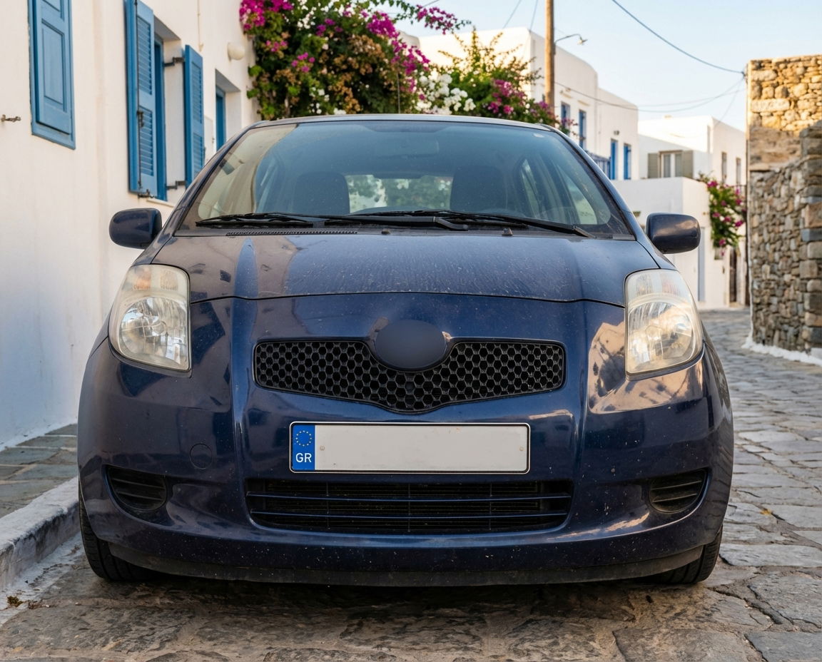 Close-up of a car with a Greek-style license plate in an urban environment.
